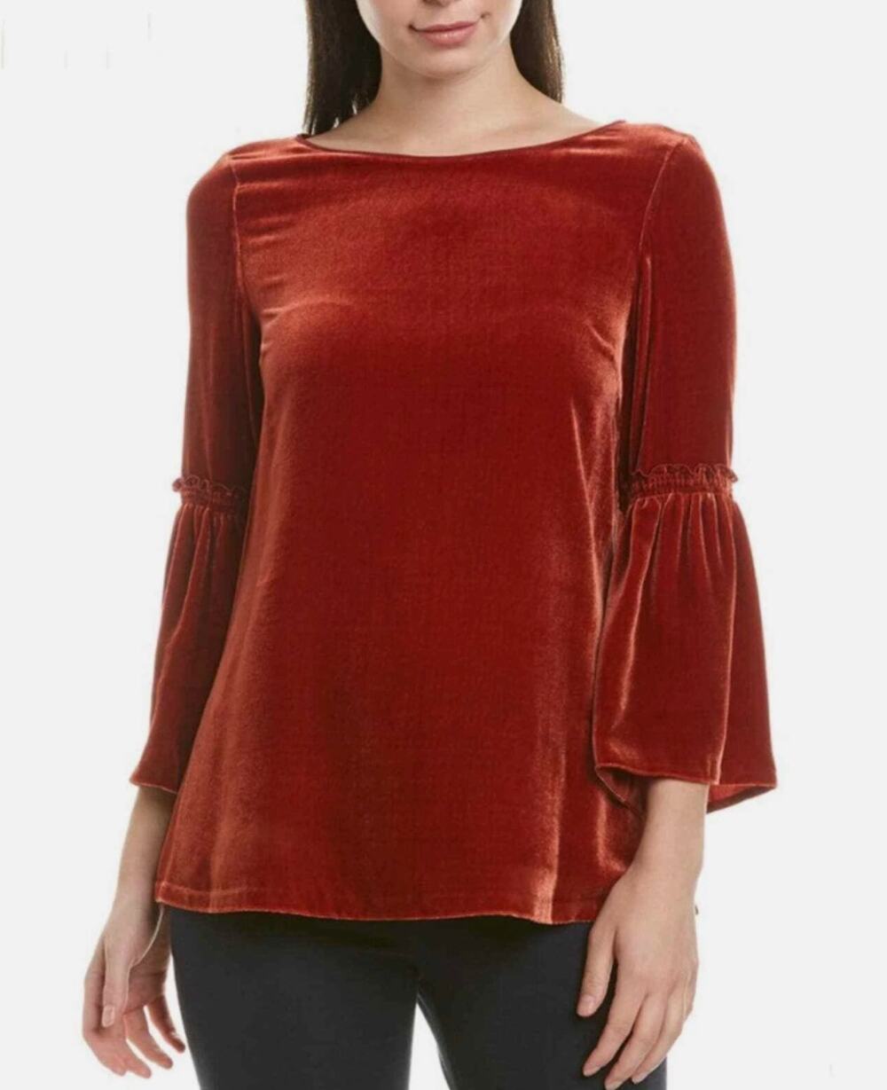 $398: Lafayette 148 Roslin Velvet Silk Bell Sleeve Blouse in Black Sz: M